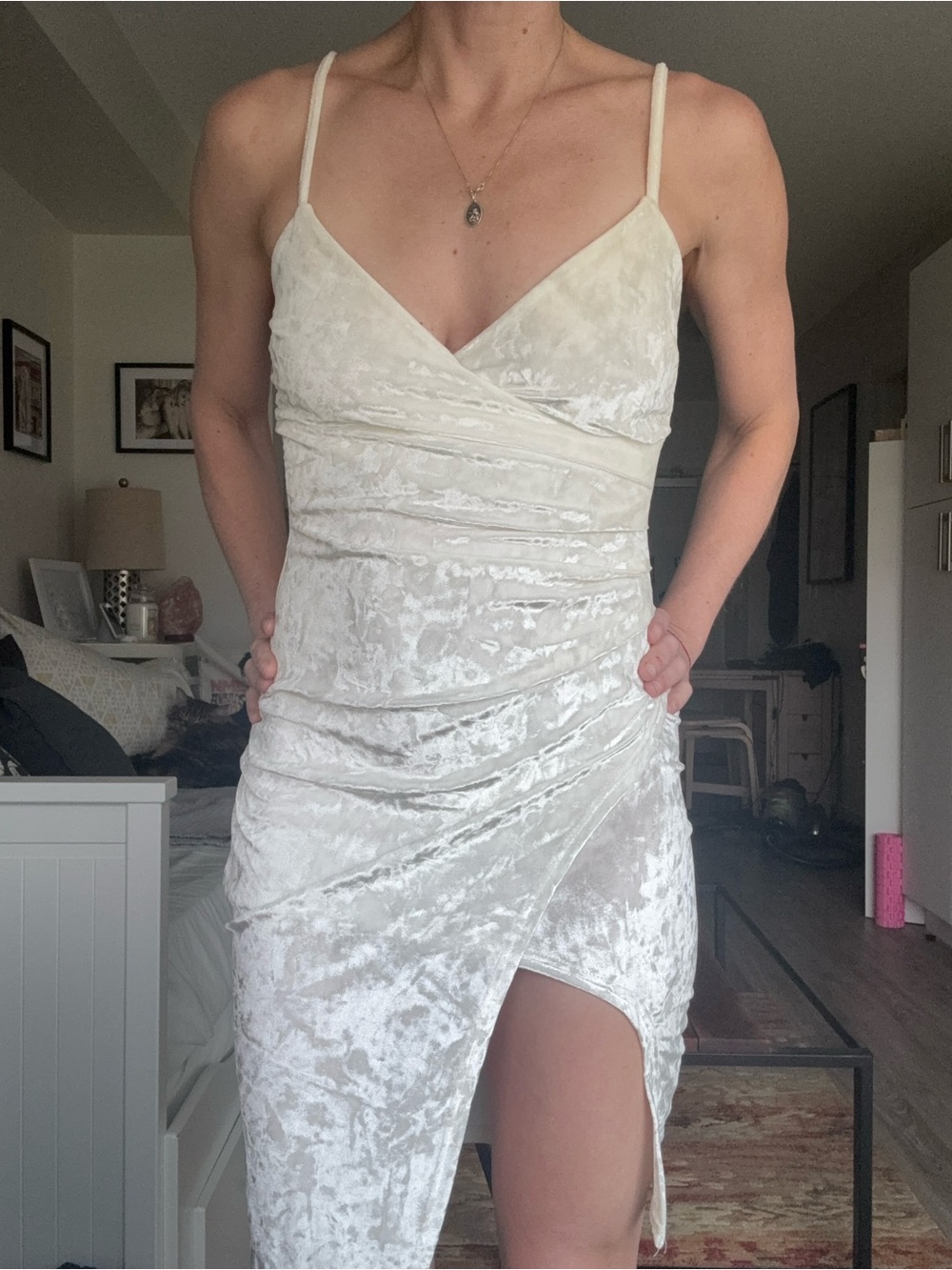 Crushed Velvet Ivory Wrap Bodycon Mini Dress Ruched Asymmetrical | S